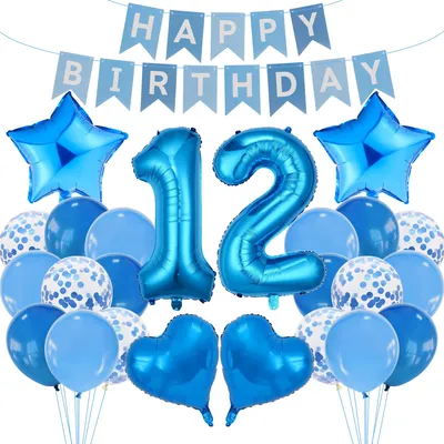 12. Geburtstag Deko-Set blau, 35-teilig, Happy-Birthday-Girlande, Luftballons