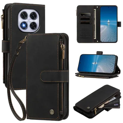Produktbild von Handyhülle für Xiaomi Poco X7/Redmi Note 14 Pro 5G/14 Pro+ 5G, Leder Klapphülle mit Kartenfächern, Reißverschlussfach und Handschlaufe Schwarz
