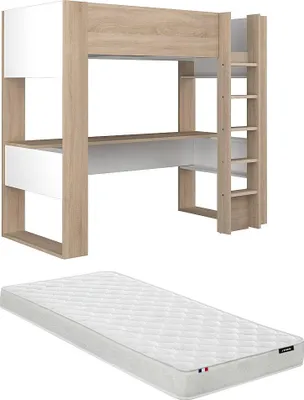 Produktbild von Zwischengeschossbett mit Schreibtisch und Regalen - 90 × 200 cm - Weiß und Eiche + Matratze - NOAH II
