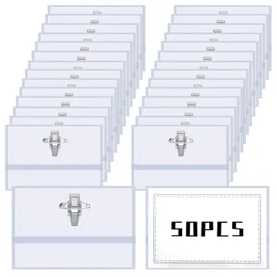Image de 50 badges nominatifs, 56 x 90 mm, badges à clipser ou à épingler sur les vêtements, porte-badge en PVC transparent avec carte vierge, porte-badge en plastique pour cartes d'identité, bureau, école