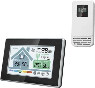 Obrázek produktu pro Digitální vnitřní a venkovní meteorologická stanice s barevným displejem, teploměrem, barometrem a kalendářem, napájená bateriemi, s nastavitelným podsvícením.