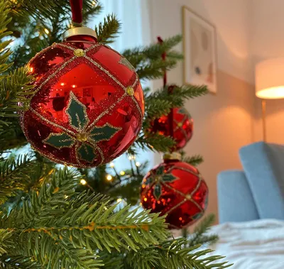 Produktbild von Christbaumkugeln Rot Mistelzweig Holly 3 Stück Weihnachtskugeln Echt Glas