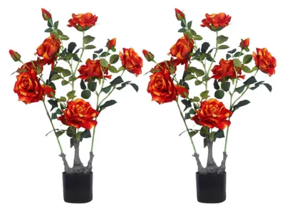 Image de Roses artificielles - Bonsaïs en pot - Lot de 2 - Fleurs en soie avec feuilles vertes - Pour l'intérieur et l'extérieur - Orange