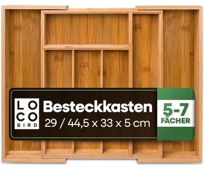 Bambus-Besteckkasten, 7 Fächer, 29 x 33 x 5 cm, erweiterbar, braun