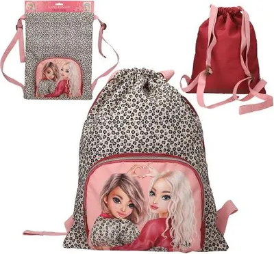A collage of three images showing a child's drawstring backpack with a leopard print and cartoon girl design, a red drawstring backpack, and a packaged version of the leopard print backpack.