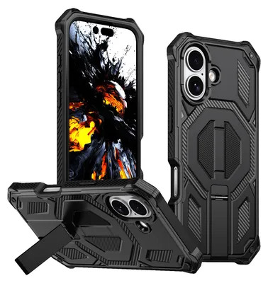 Produktbild von Magnetische Hülle für iPhone 17, Kompatibel mit MagSafe, Mit Metall-Ständer, Militärischer Stoßschutz Handyhülle Schwarz