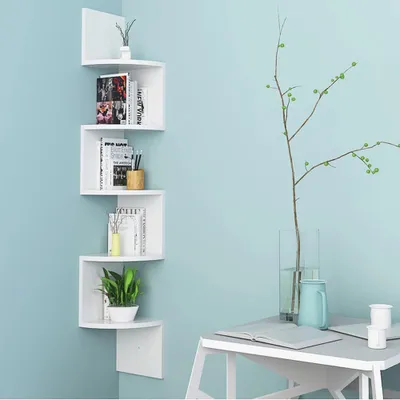 Produktbild von Eckregal - Wandregal mit 5 Ebenen - Schwebendes Regal - Platzsparende Aufbewahrung - Für Küche Schlafzimmer Wohnzimmer - Weiß