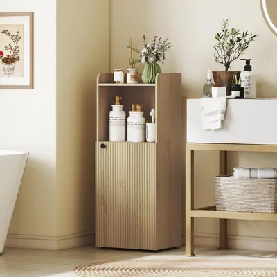 Produktbild von Spanplatte MDF, Badezimmerschrank Nischenschrank mit verstellbarem Regal, Eiche | Kippsicherung | offenes Fach + Schrank | 40 x 31 x 104 cm