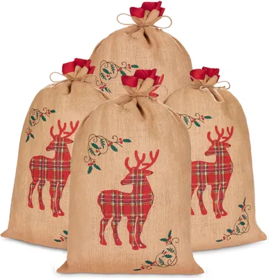Immagine prodotto di BRUBAKER Sacco di Natale renna rosso a scacchi - 80 cm Sacco regalo di Natale - Sacco di Babbo Natale sacco di iuta, 4 pezzi