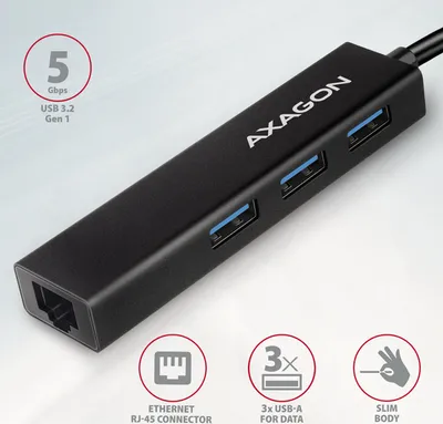 Produktbild von Axagon HMC-GL3A USB-C-Hub 3x USB-A Gbit-LAN schwarz, Kabelgebunden, USB 3.2 Gen 1 (3.1 Gen 1) Type-C, 10,100,1000 Mbit/s, IEEE 802.1Q, IEEE 802.1p, IEEE 802.3, IEEE 802.3ab, IEEE 802.3az, IEEE 802.3u, IEEE 802.3x, Schwarz, RJ-45, USB 3.2 Gen 1 (3.1 Gen 1) Type-A