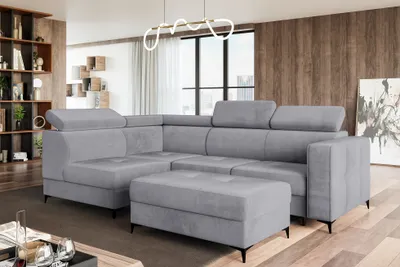 Produktbild von MEBLINI Schlafcouch mit Bettkasten - Ecksofa mit Schlaffunktion - Sofa mit Relaxfunktion und Kopfstützen - Couch L-Form - Eckcouch - Wohnlandschaft - DORIAN - 263x232x89cm Links - Grau Samt