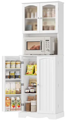 Image de Meuble de rangement 181 cm, meuble de cuisine haut avec étagère pour micro-ondes et 8 étagères derrière les portes, couleur blanche