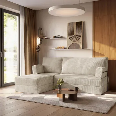 Produktbild von Masseno Ecksofa NOTIA mit Metallgestell, Modulares Schlafsofa aus Schaumstoff, Klappbares Bodensofa, Schlaffunktion - Creme, POSO 100