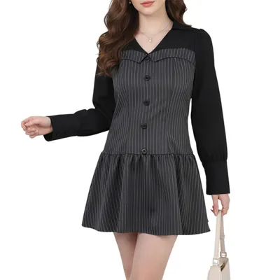 Produktbild von Damen Gestreiftes Mini Hemdblusenkleid mit langen Ärmeln, V-Ausschnitt und Umlegekragen, Größe 36