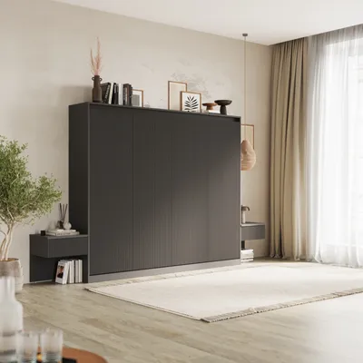 Produktbild von SMARTBett Set 160-Schrankbett Horizontal WAVES mit 2 Nachtkonsolen Anthrazit/Anthrazit WAVES