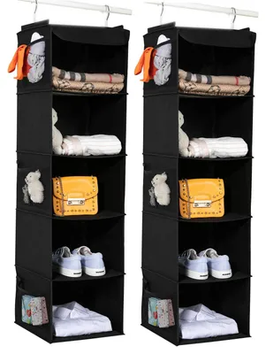 Image de Étagère suspendue, lot de 2, rangement suspendu à 5 compartiments, organiseur de penderie de camping avec structure métallique, système de rangement pour penderies, 30 x 30 x 108 cm, noir