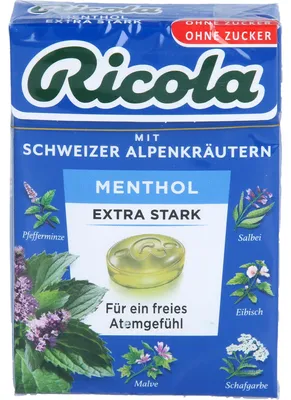 Produktbild von Ricola mit Schweizer Alpenkräutern Box Menthol extra stark ohne Zucker für ein freies Atemgefühl, 50 g Bonbons