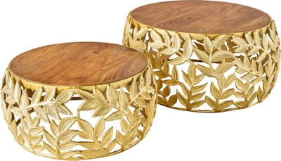 Produktbild von riess-ambiente Rundes 2er Set Couchtische ABSTRACT LEAF 70cm natur gold Massivholz Akazie Metall Blatt-Design Beistelltisch Tisch