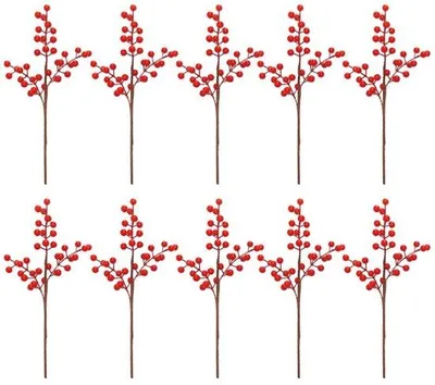 Imagen del producto de Ramas navideñas - 10 unidades - 38 cm - Ramas artificiales con bayas - Ramas de grosella con bayas de acebo - Ideales para árboles de Navidad, coronas y arreglos florales