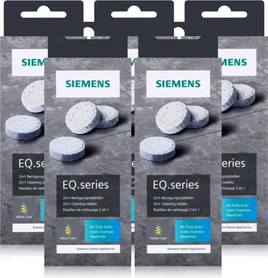 Multiple packs of Siemens EQ.series cleaning tablets for automatic espresso machines are displayed in a collage.