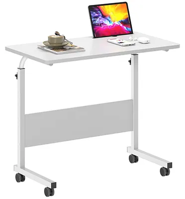Zdjęcie produktu dla Regulowany stół do laptopa 80x40 cm - Biały stół komputerowy na kółkach z rowkiem