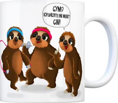 Produktbild von Kaffeebecher mit Faultiere beim Sport Motiv und Spruch: Gym? Ich dachte ihr