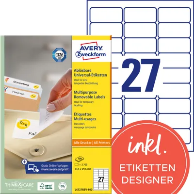 Obrázek produktu pro Avery L4737REV-100 - Bílý - Zaoblený obdélník - 63,5 x 29,6 mm - A4 - Papír - Univerzální (L4737REV-100)