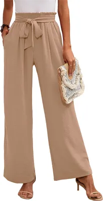 Produktbild von ASKSA Damen Weite Bein Hose Hohe Taille Leichte Lose Freizeithose mit Taschen, Khaki, Groesse: M