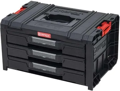 A black modular toolbox with three drawers and red latches, shown from a slightly elevated front-left angle against a white background.