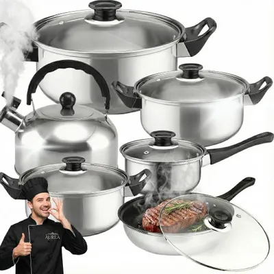 Produktbild von Kochtopfset - 11-Teilig - Edelstahl - Induktionsgeeignet - Wasserkocher - Spülmaschinengeeignet - Pfanne - Kochtopf - mit Deckeln