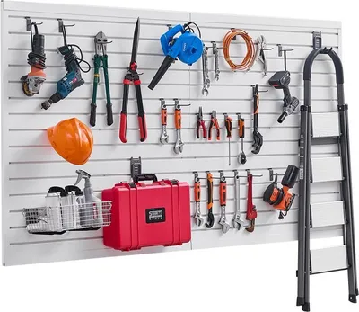 Produktbild von Werkzeugwand PVC Weiß 1225x2450x20mm - Garage Lamellenwand mit Zubehör - Belastbar bis 136kg - Werkzeugorganizer für die Garage