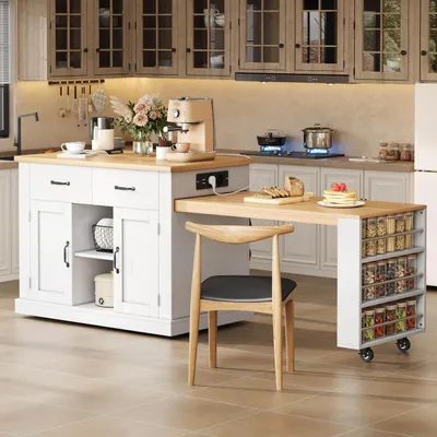 Zdjęcie produktu dla Mobilny wózek kuchenny z rozkładanym stołem, 7 kółek, 2 szuflady, kolor biały i dąb, wymiary: 132(235) x 60 x 93 cm