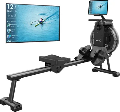A rowing machine with a large screen displaying a rowing scene and workout data.
