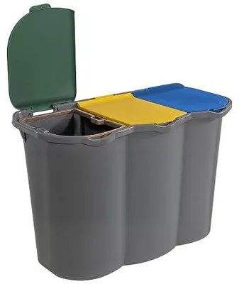 Imagen del producto de Contenedor de basura para la separación de residuos, 80 litros (3 compartimentos de 26,5 litros), 3 compartimentos con tapas de colores, para papel, plástico y vidrio. Color gris. Dimensiones: 74 x 35 x 55 cm