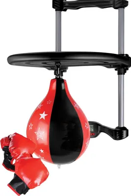 A boxing set with a punching bag and gloves, mounted on a door frame.