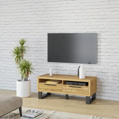 Produktbild von Masseno TV-Schrank HALENZA 124 cm Fernsehschrank mit 2 Schubladen TV-Lowboard für Wohnzimmer Modern 124x50x50 cm Eiche Wotan / Eiche Wotan