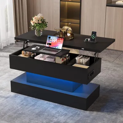 Productafbeelding van Merax salontafel met LED-verlichting en stopcontact, USB- en Type-C-aansluiting, bijzettafel met uitschuifbaar tafelblad, in hoogte verstelbare salontafel, zwart