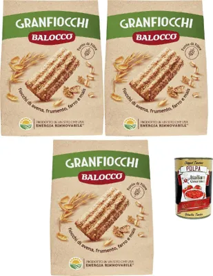 Produktbild von Balocco Granfiocchi Biscotti Integrali Vollkornkekse Kekse Biscuits mit Vollkorn Getreideflocken und mit braunen Zucker Körnern 3x 700g + Italian Gourmet polpa 400g