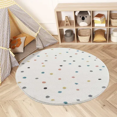 Produktbild von Kinderteppich Modern Bunt Gepunktet 160 cm Rund Creme - Jugendzimmer Teppich