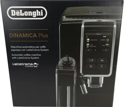 The image shows the packaging of a De'Longhi Dinamica Plus automatic coffee machine.