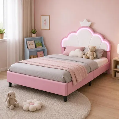 Produktbild von ProximaX Kinderbett 140x190 cm aus Samt mit Kronen-Kopfteil, RGB LED, höhenverstellbar