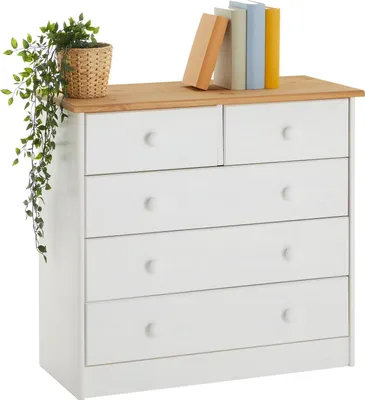 Produktbild von Kommode RONDO, schöne Anrichte mit 5 Schubladen, praktisches Sideboard aus massiver Kiefer in weiß/braun, zeitlose Schubladenkommode mit Holzgriffe