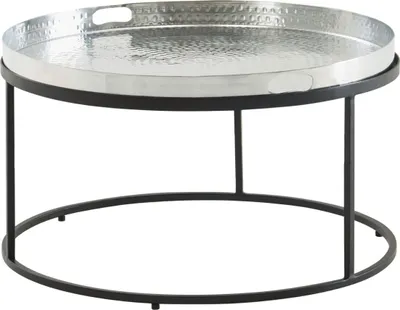 Produktbild von Couchtisch Hammerschlag Metall 62x62x36 cm Sofatisch Aluminium Silber Schwarz, Design Wohnzimmertisch abnehmbares Tablett Rund, Tabletttisch Wohnzimmer, Beistelltisch Modern