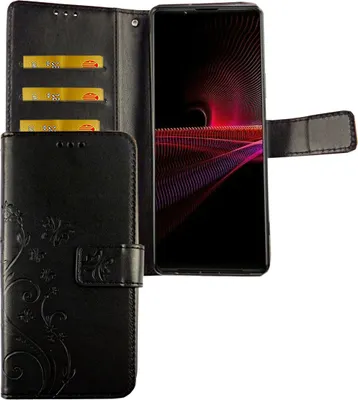 Produktbild von Sony Xperia 5 III Tasche Handy Hülle Schutz-Cover Flip-Case mit Kartenfach, Farbe:Blumen Schwarz