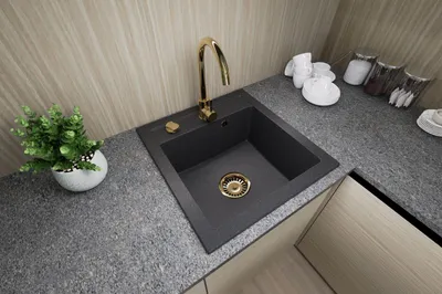 Produktbild von Granitspüle Küchenspüle Granit Siphon Gold Einbauspüle Spülbecken Spüle 49x52cm Schwarz