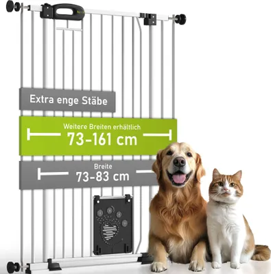 A dog and a cat are sitting in front of a white pet gate with text overlays indicating features and dimensions.