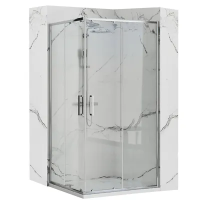 A modern shower cabin with glass doors and chrome fixtures, set against a marble-patterned wall.
