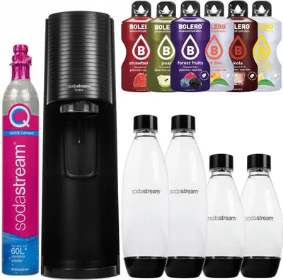 A SodaStream Terra Black water carbonator set with CO2 cylinder, bottles, and flavor syrups.