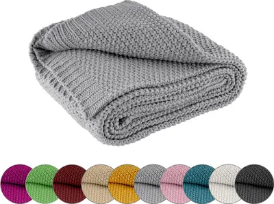A folded gray knitted blanket is shown.