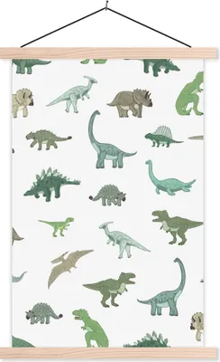 Produktbild von MuchoWow® Textilposter Dinosaurier - Grün - Jungen - Braun - Kind - Muster 120x180 cm mit holzfarbenen Rahmen - Textil-Plakat